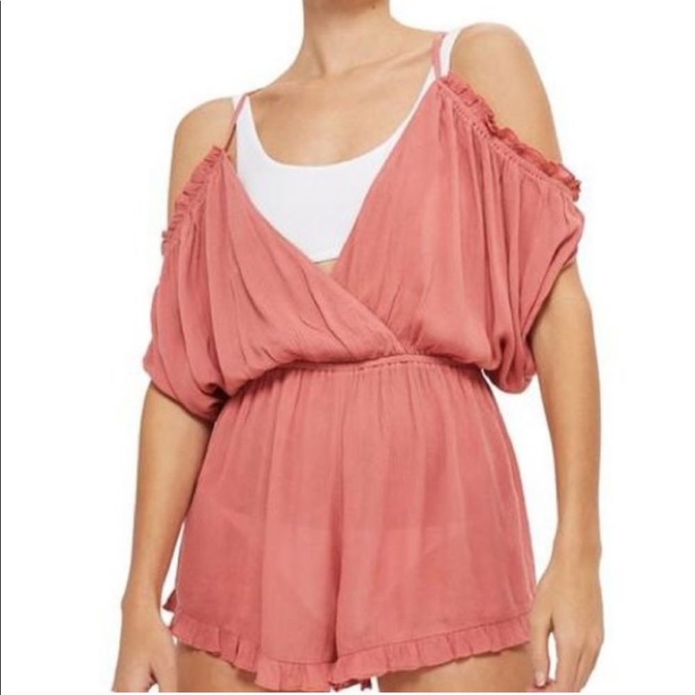 NWT TOPSHOP Mauve Cold Ruffle Shoulder Romper Cover up Medium